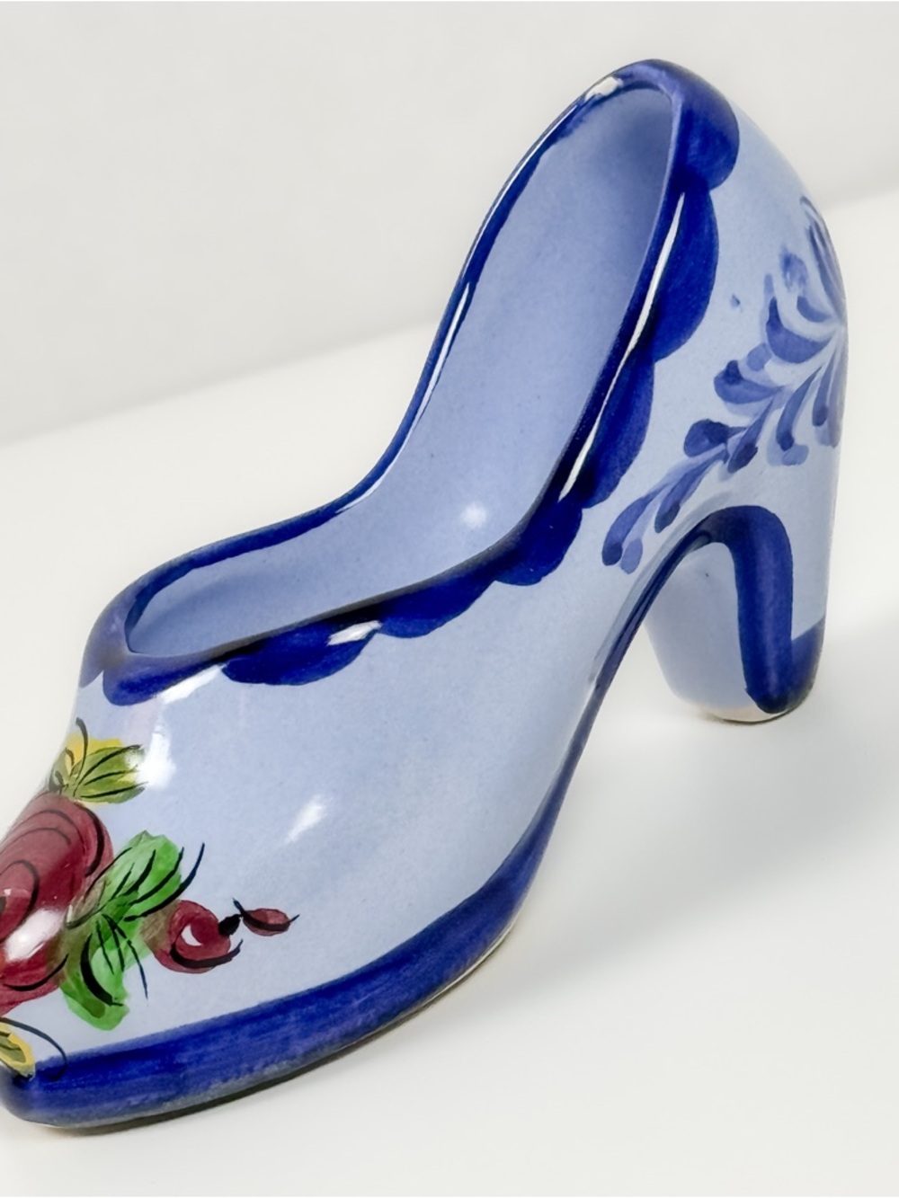 Vintage Portugal Miniature Porcelain Shoe - Blue High Heel with Floral Design - Picture 3 of 10